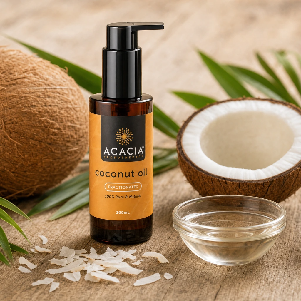 Acacia Aromatherapy Fractionated Coconut Oil 100mL displayed with fresh coconuts and coconut oil, natural carrier oil for skincare, massage and aromatherapy.