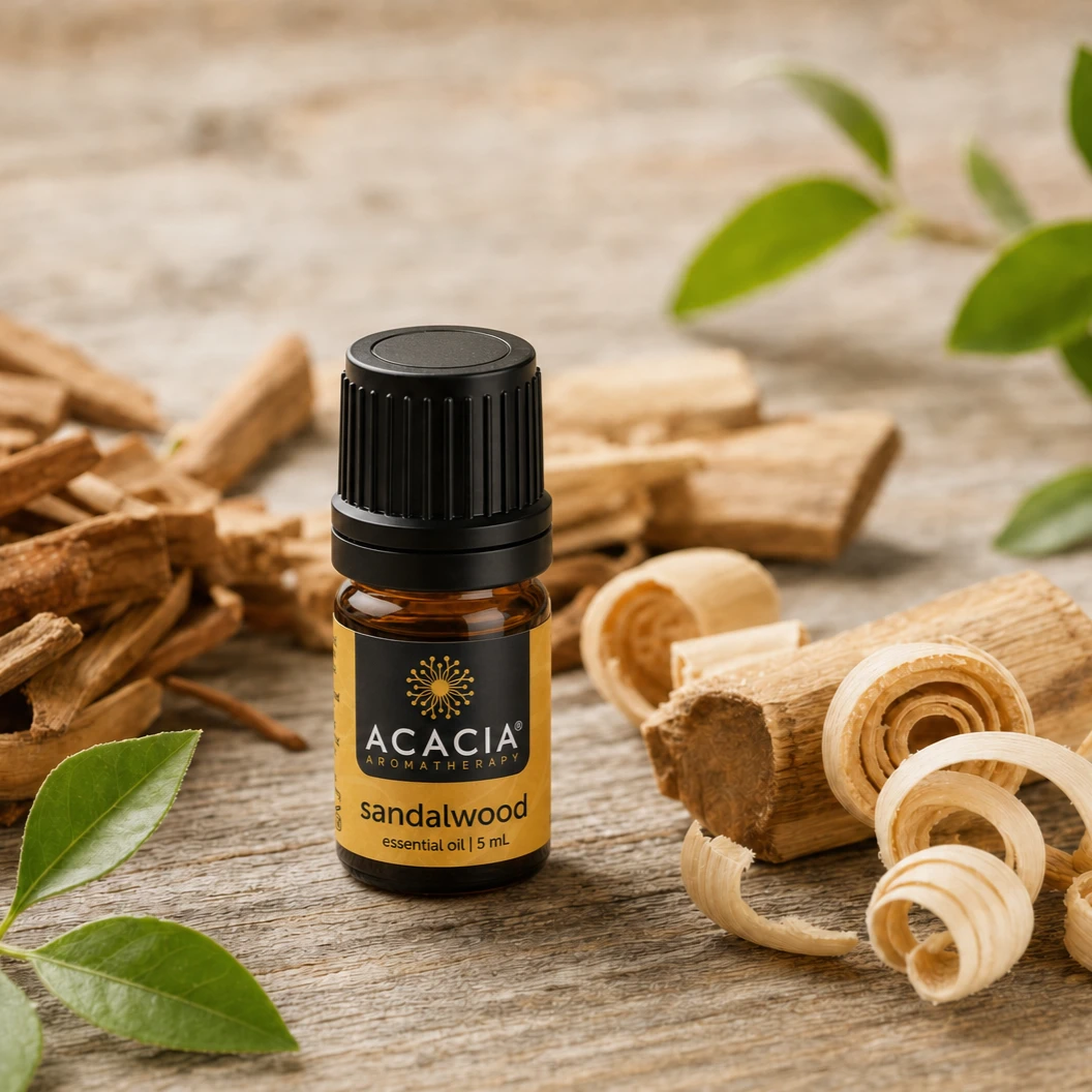 Acacia Aromatherapy Sandalwood Essential Oil 5mL bottle with sandalwood chips, wood shavings, and green leaves on a rustic wooden surface