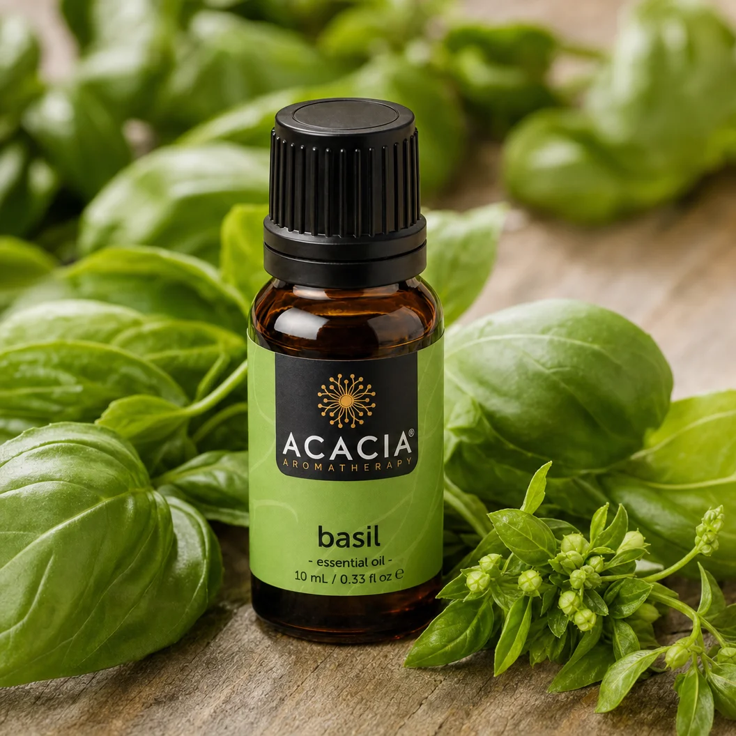 Basil Pure Essential Oil 10mL lifestyle – Acacia Aromatherapy bottle with fresh basil leaves on wooden surface, Australia