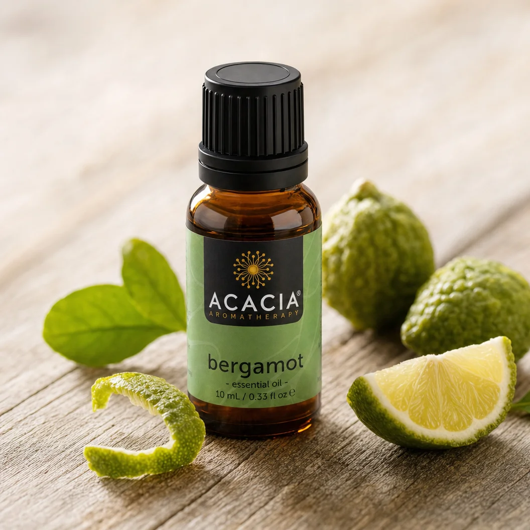 Bergamot Pure Essential Oil 10mL lifestyle – Acacia Aromatherapy bottle with fresh bergamot fruits on wooden surface, Australia
