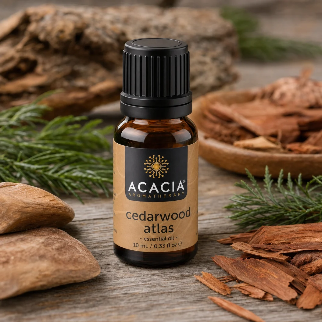 Cedarwood Atlas Pure Essential Oil 10mL lifestyle – Acacia Aromatherapy bottle with cedarwood pieces on wooden surface, Australia