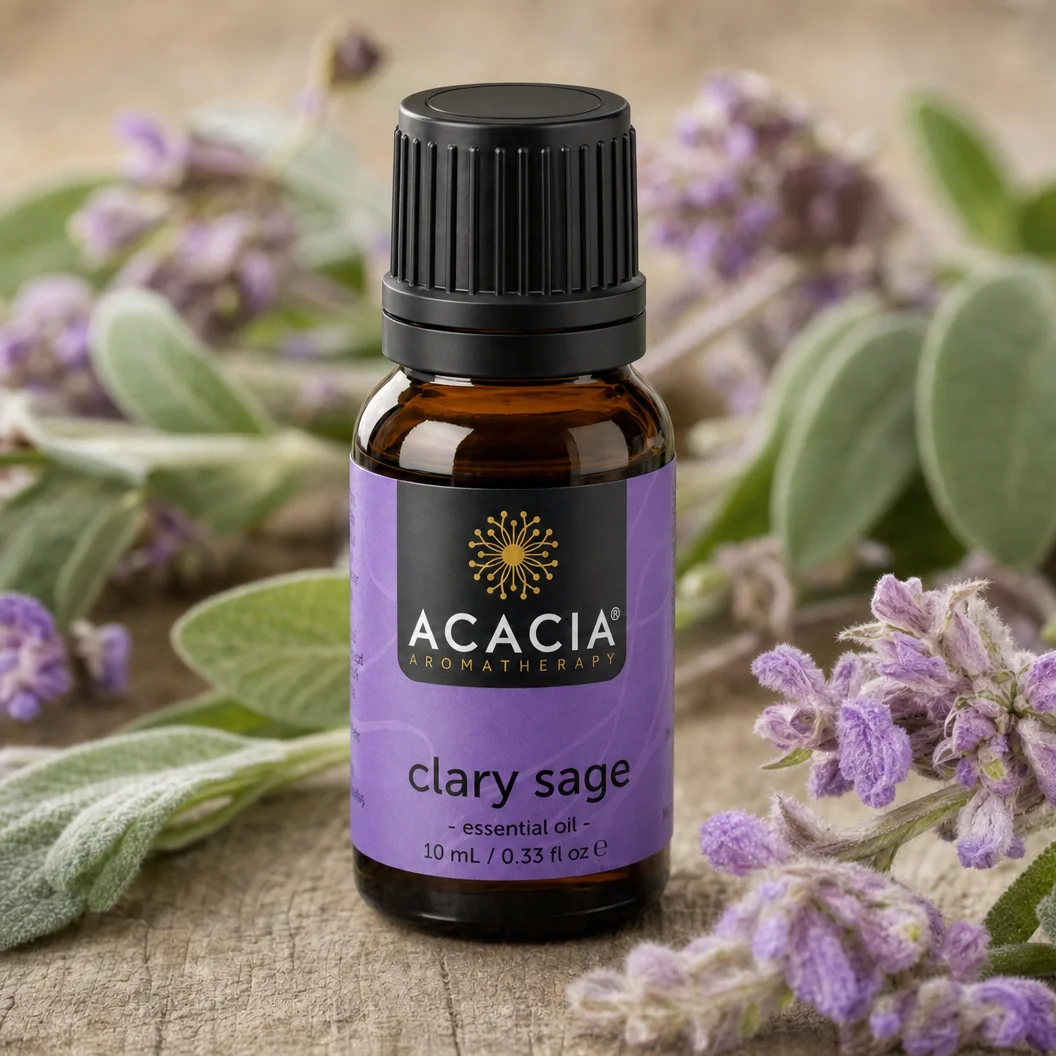 Clary Sage Pure Essential Oil 10mL lifestyle – Acacia Aromatherapy bottle with clary sage flowers on wooden surface, Australia