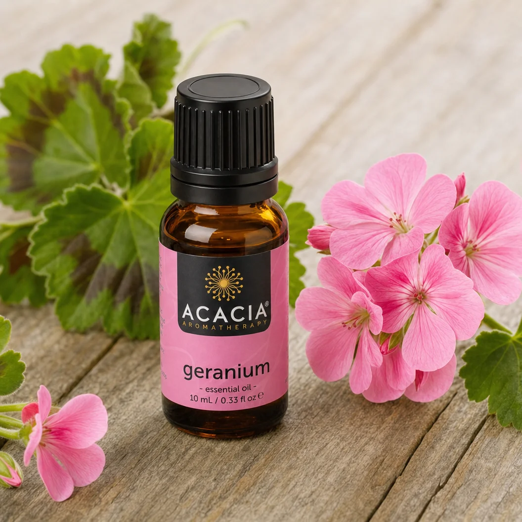 Geranium Pure Essential Oil 10mL lifestyle – Acacia Aromatherapy bottle with pink geranium flowers on wooden surface, Australia