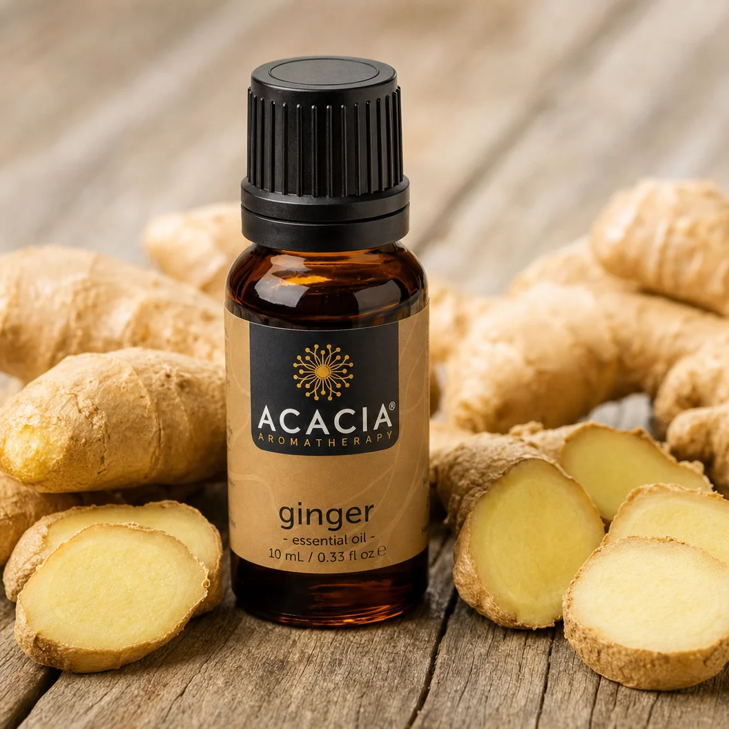 Ginger Pure Essential Oil 10mL lifestyle – Acacia Aromatherapy bottle with fresh ginger root on wooden surface, Australia