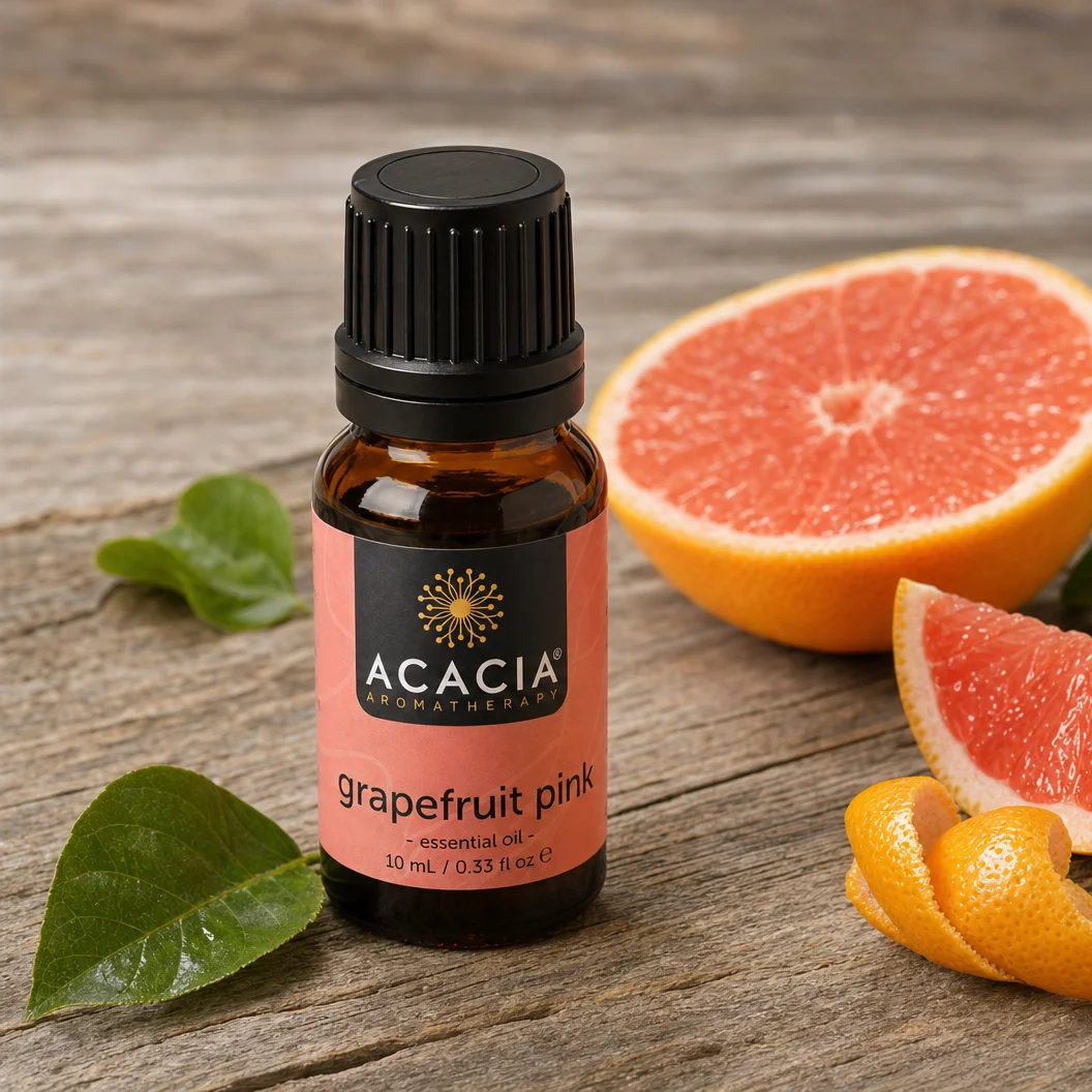 Grapefruit Pink Pure Essential Oil 10mL lifestyle – Acacia Aromatherapy bottle with fresh pink grapefruit on wooden surface, Australia