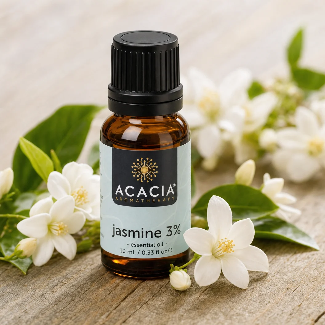 Jasmine Essential Oil 3% 10mL lifestyle – Acacia Aromatherapy bottle with fresh jasmine flowers on wooden surface, Australia