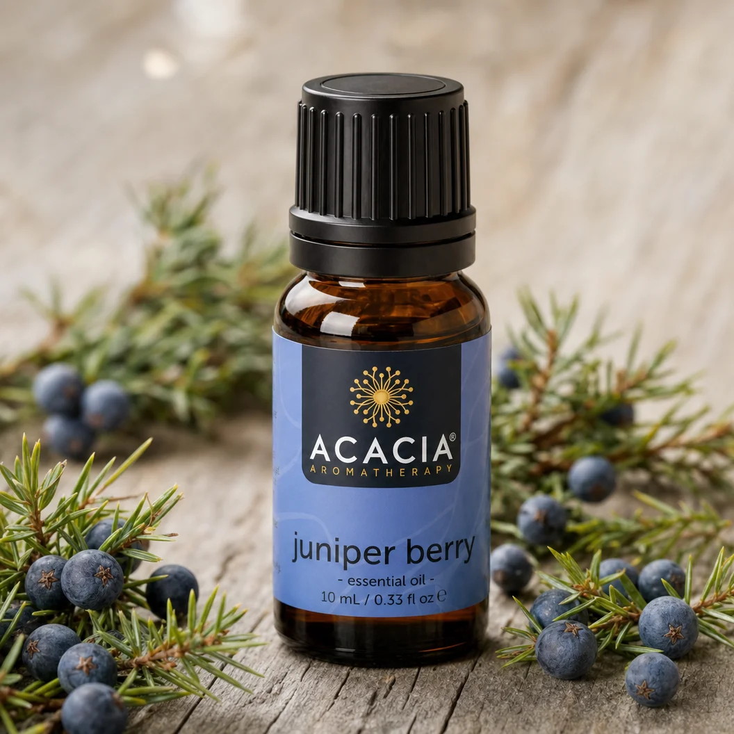 Juniper Berry Pure Essential Oil 10mL lifestyle – Acacia Aromatherapy bottle with juniper berries on wooden surface, Australia