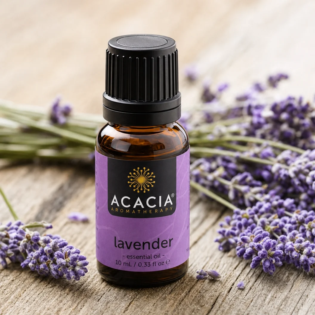 ls-laven-lavender-pure-essential-oil-10ml-lifestyle-01 Lavender Pure Essential Oil 10mL lifestyle – Acacia Aromatherapy bottle with fresh lavender sprigs on wooden surface, Australia
