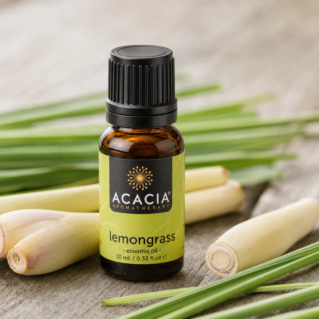 Lemongrass Pure Essential Oil 10mL lifestyle – Acacia Aromatherapy bottle with fresh lemongrass stalks on wooden surface, Australia