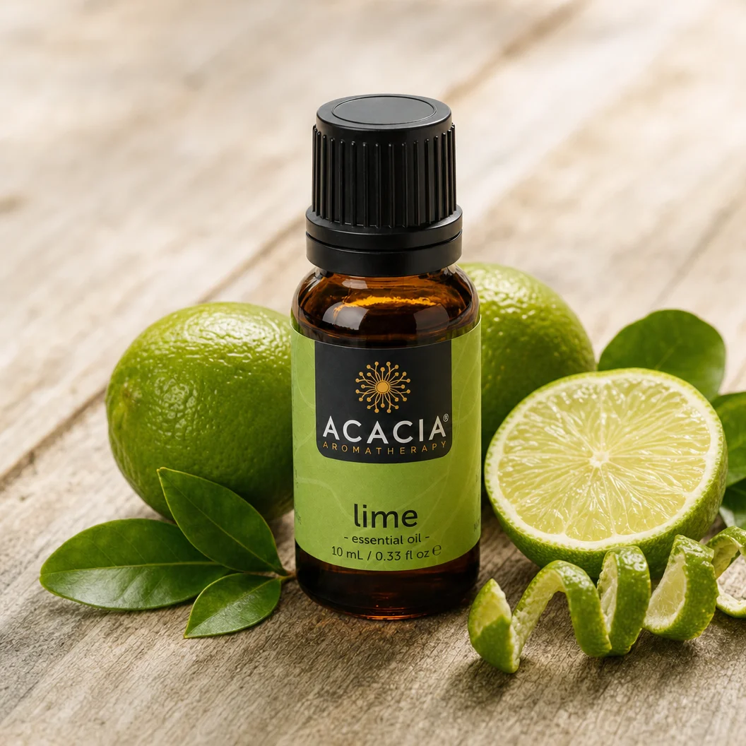 Lime Pure Essential Oil 10mL lifestyle – Acacia Aromatherapy bottle with fresh limes on wooden surface, Australia