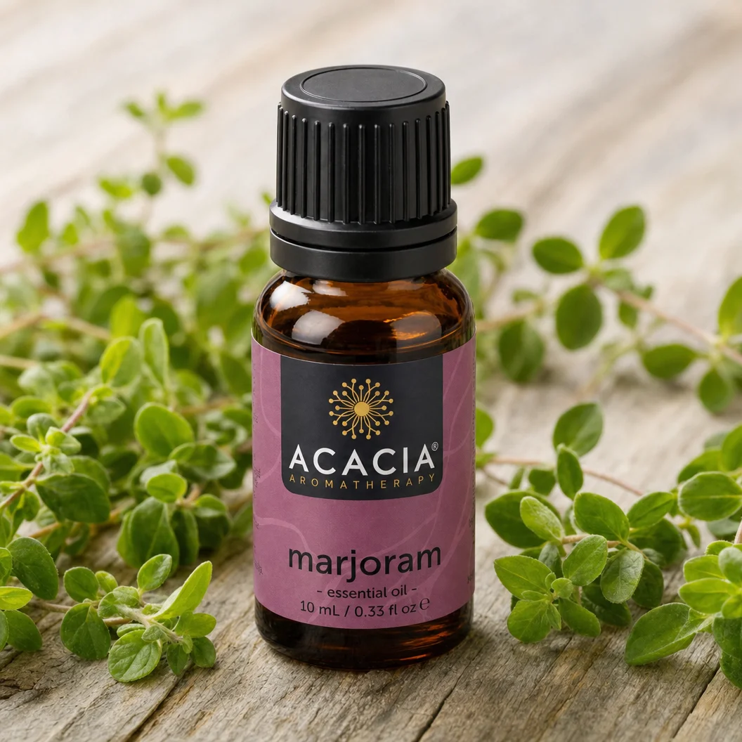 Marjoram Pure Essential Oil 10mL lifestyle – Acacia Aromatherapy bottle with fresh marjoram herbs on wooden surface, Australia