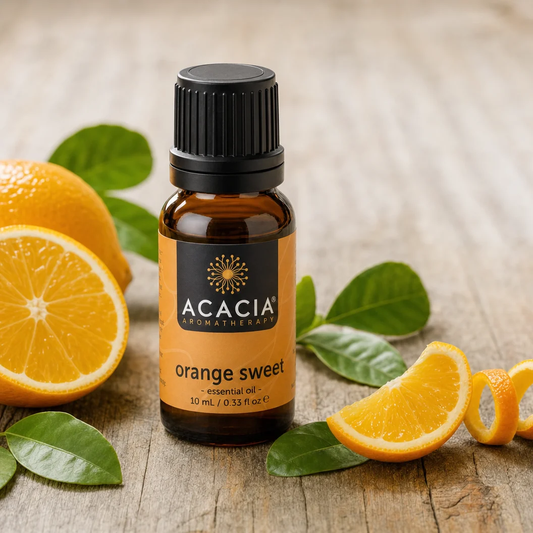 Orange Sweet Pure Essential Oil 10mL lifestyle – Acacia Aromatherapy bottle with fresh oranges on wooden surface, Australia