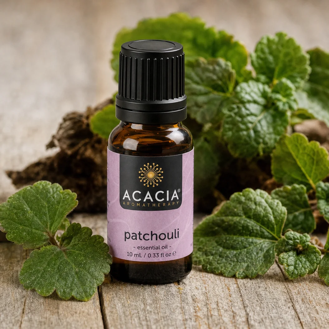 Patchouli Pure Essential Oil 10mL lifestyle – Acacia Aromatherapy bottle with patchouli leaves on wooden surface, Australia