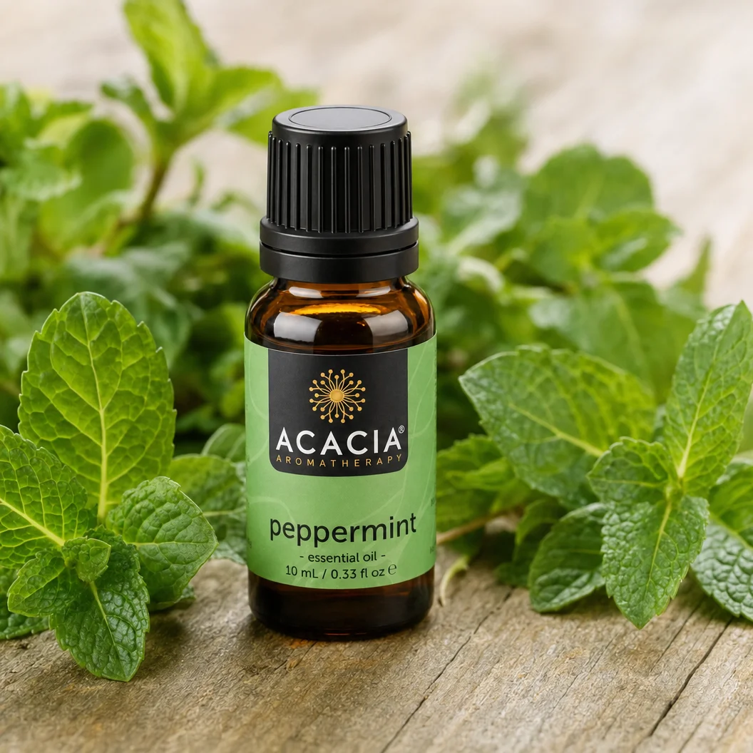 Peppermint Pure Essential Oil 10mL lifestyle – Acacia Aromatherapy bottle with fresh peppermint leaves on wooden surface, Australia