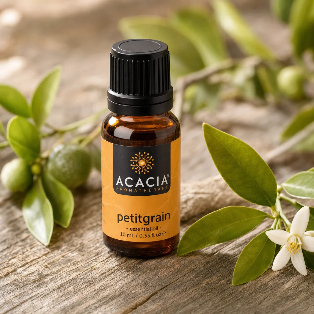 Petitgrain Pure Essential Oil 10mL lifestyle – Acacia Aromatherapy bottle with orange tree leaves on wooden surface, Australia