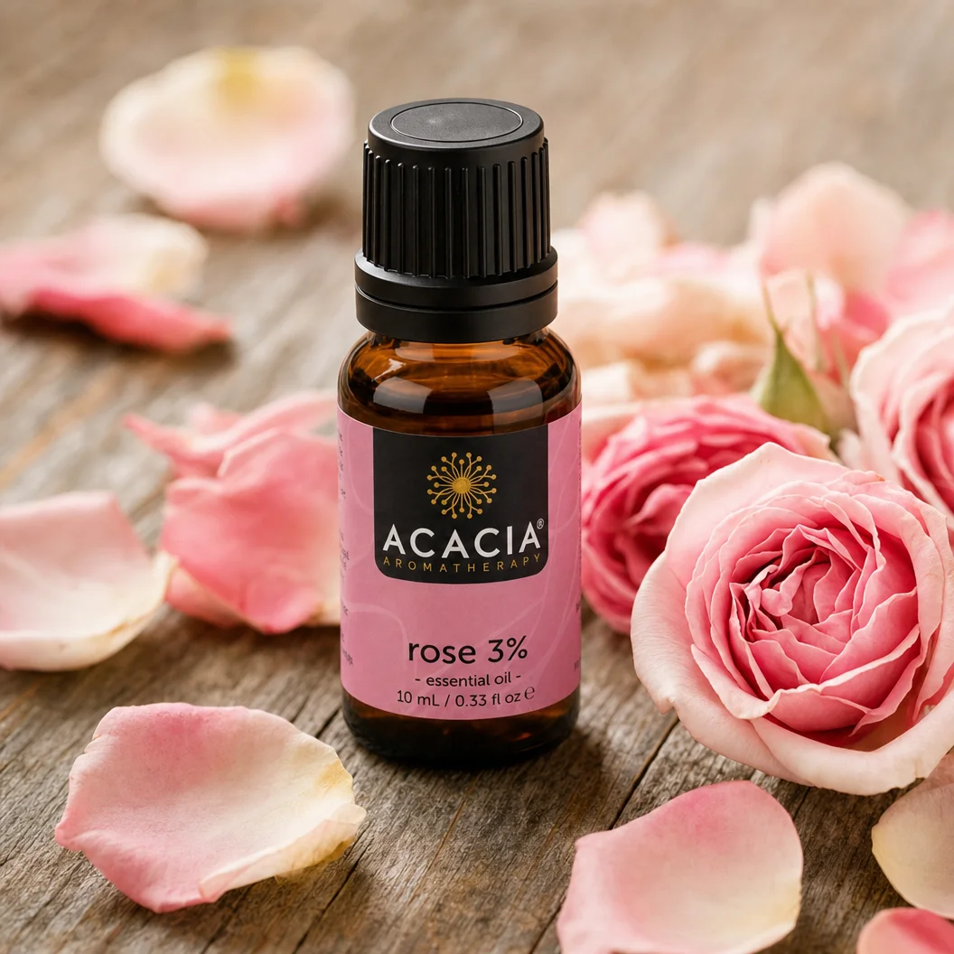 Rose Essential Oil 3% 10mL lifestyle – Acacia Aromatherapy bottle with fresh rose petals on wooden surface, Australia