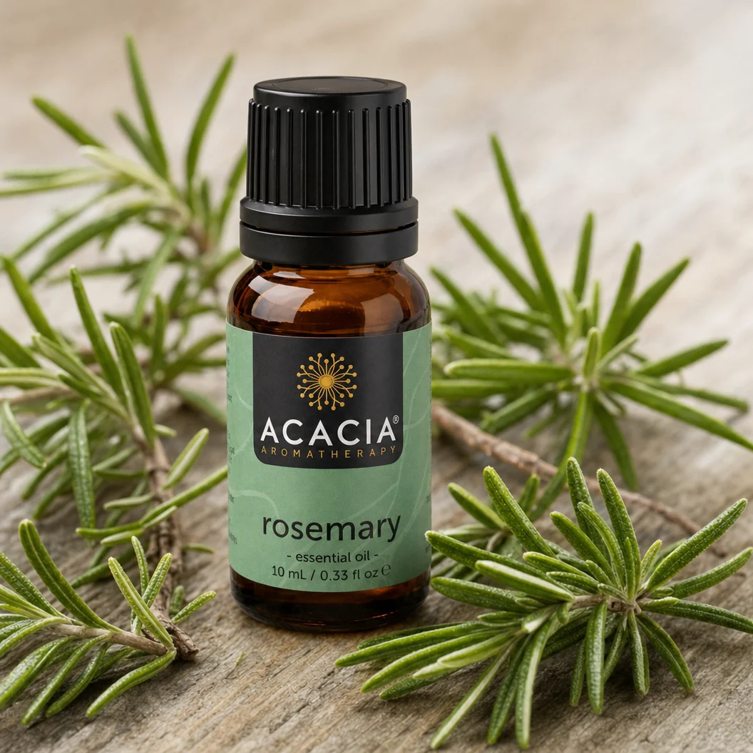 Rosemary Pure Essential Oil 10mL lifestyle – Acacia Aromatherapy bottle with fresh rosemary sprigs on wooden surface, Australia