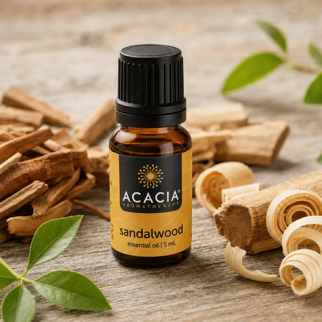 ls-sanda-sandalwood-pure-essential-oil-5ml-lifestyle-01 Sandalwood Pure Essential Oil 5mL lifestyle – Acacia Aromatherapy bottle with sandalwood pieces on wooden surface, Australia