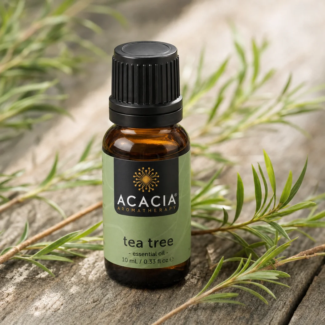 Tea Tree Pure Essential Oil 10mL lifestyle – Acacia Aromatherapy bottle with tea tree leaves on wooden surface, Australia