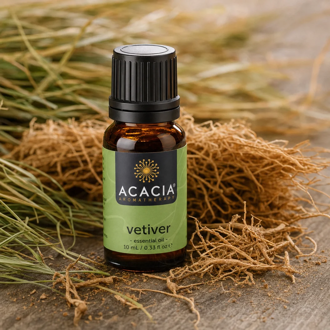 Vetiver Pure Essential Oil 10mL lifestyle – Acacia Aromatherapy bottle with vetiver roots on wooden surface, Australia