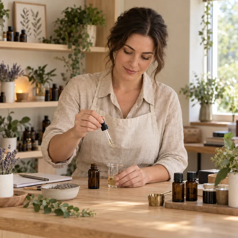 Aromatherapist blending Acacia essential oils for treatments