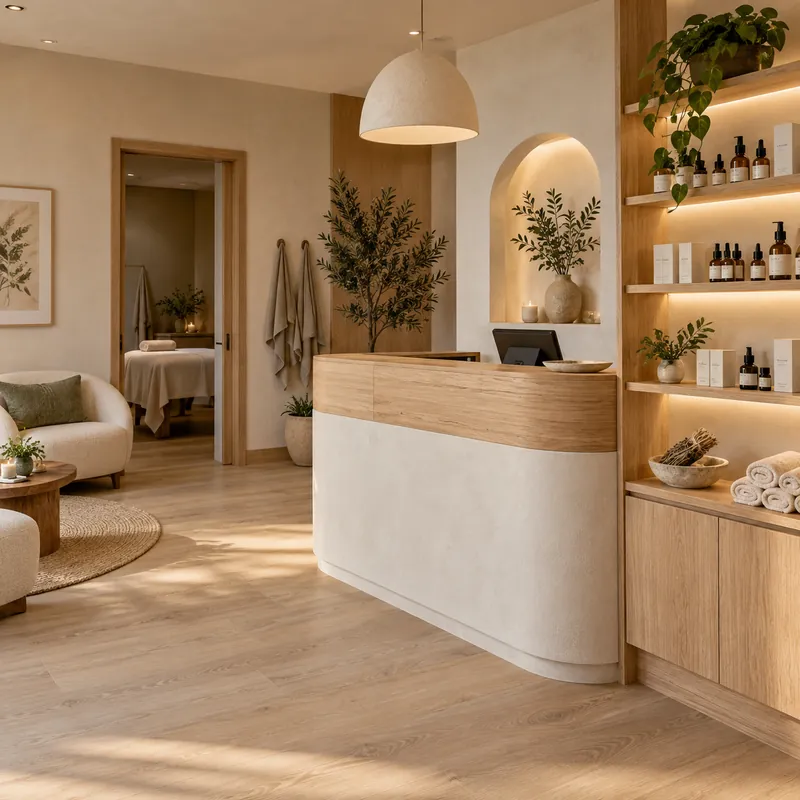 Day spa and beauty salon reception, stockist of Acacia aromatherapy products